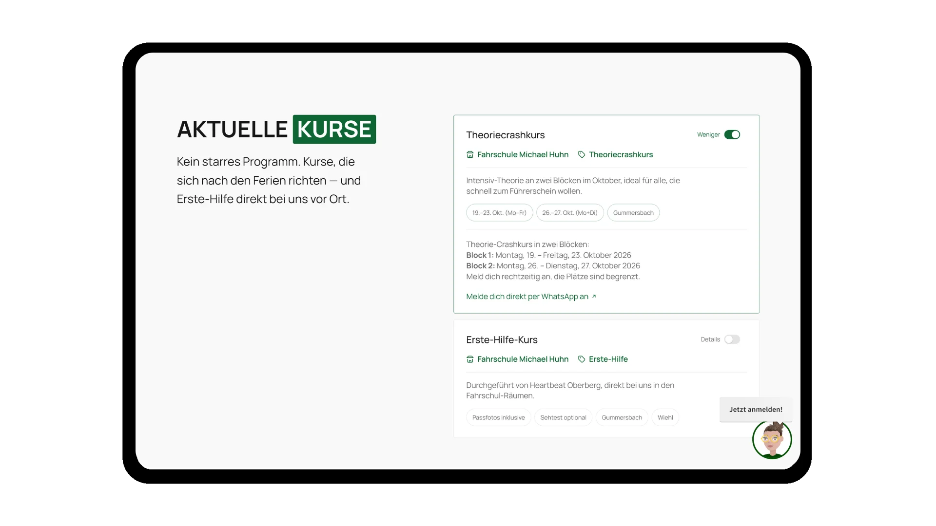 Kursübersicht der Fahrschule Michael Huhn mit Theoriecrashkurs und Erste-Hilfe-Kurs
