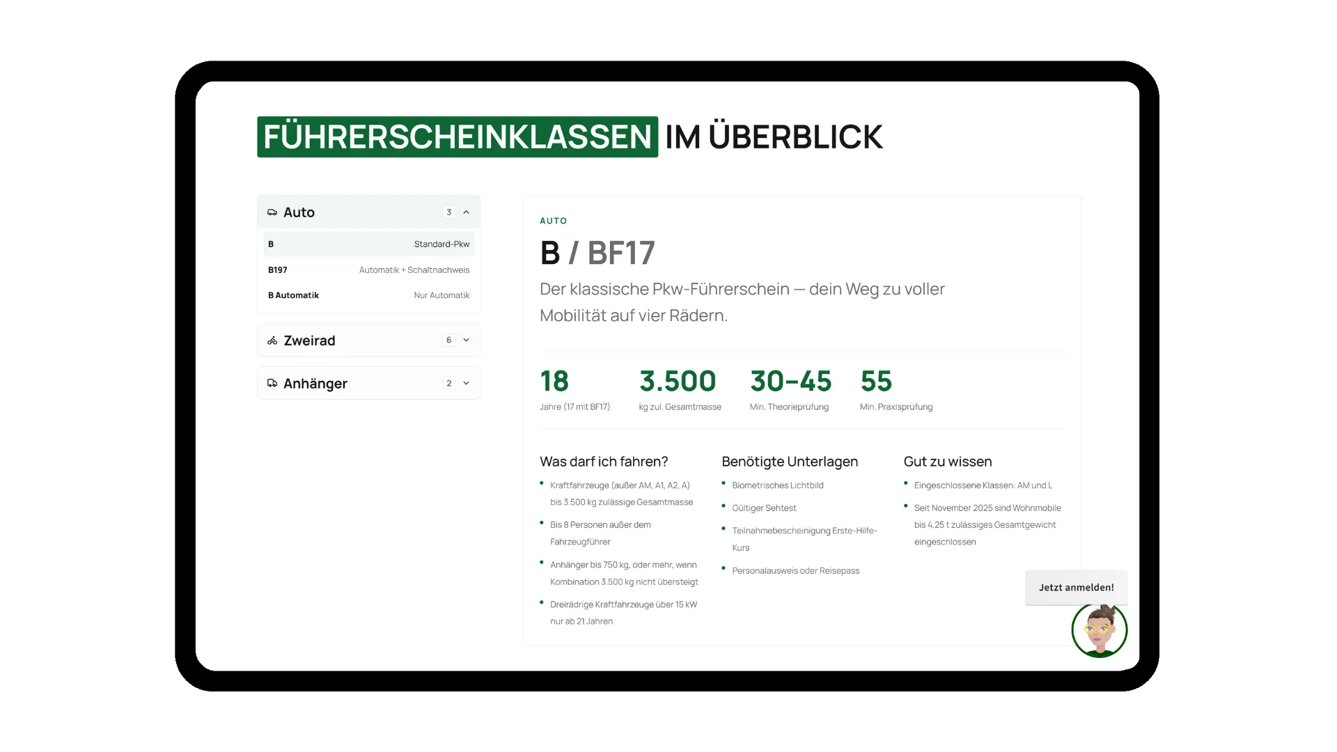 Führerscheinklassen-Seite der Fahrschule Huhn mit Auswahl und Details