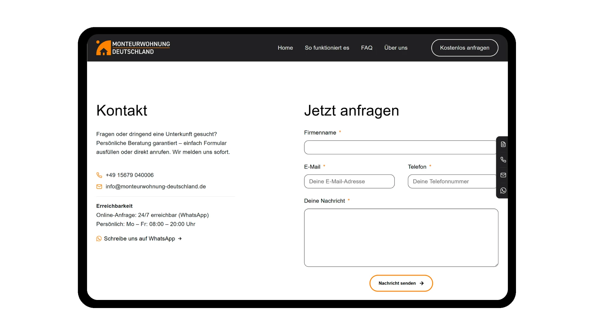 Anfrageformular von Monteurwohnung Deutschland