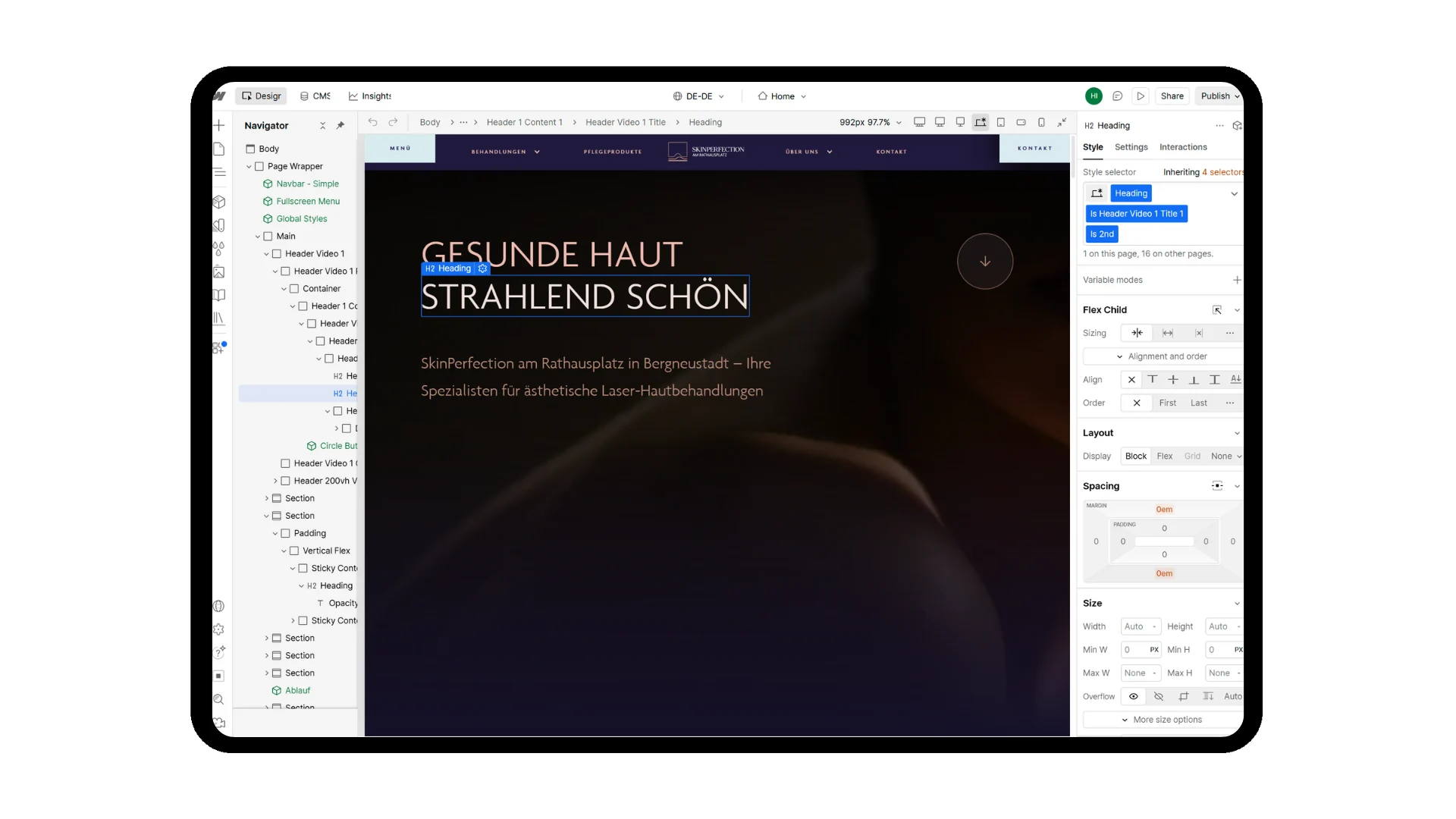 Aufbau der SkinPerfection-Website in Webflow
