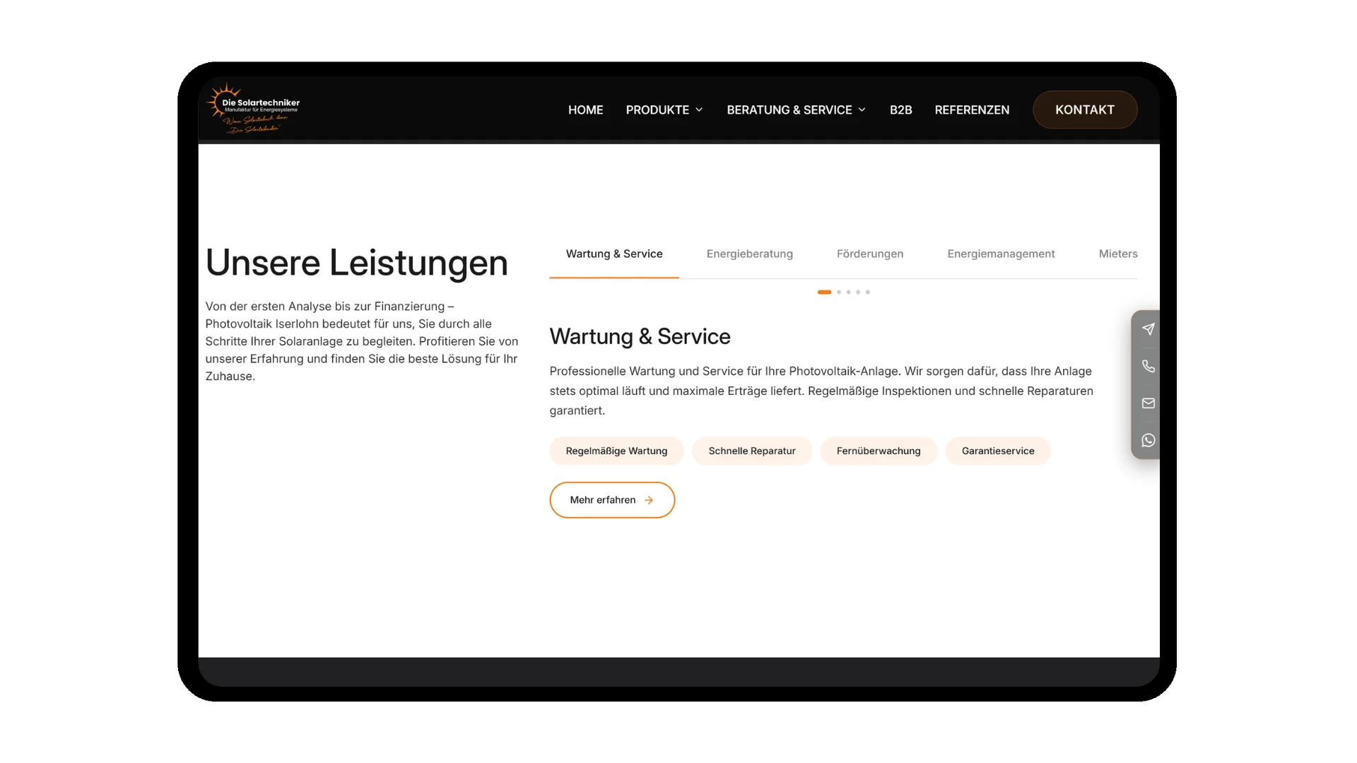 Leistungen der Solartechniker als Tabs