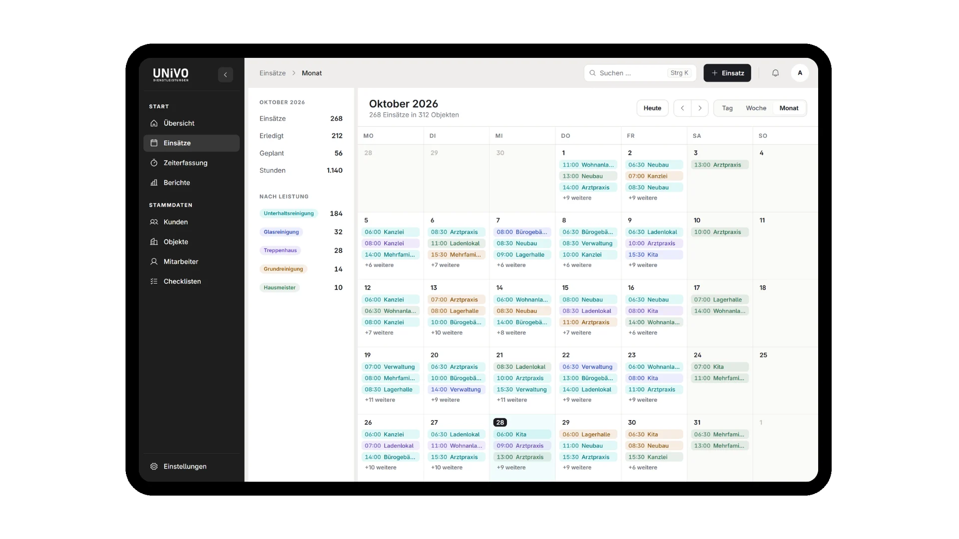 Einsatzkalender der UNIVO-Plattform in der Monatsansicht