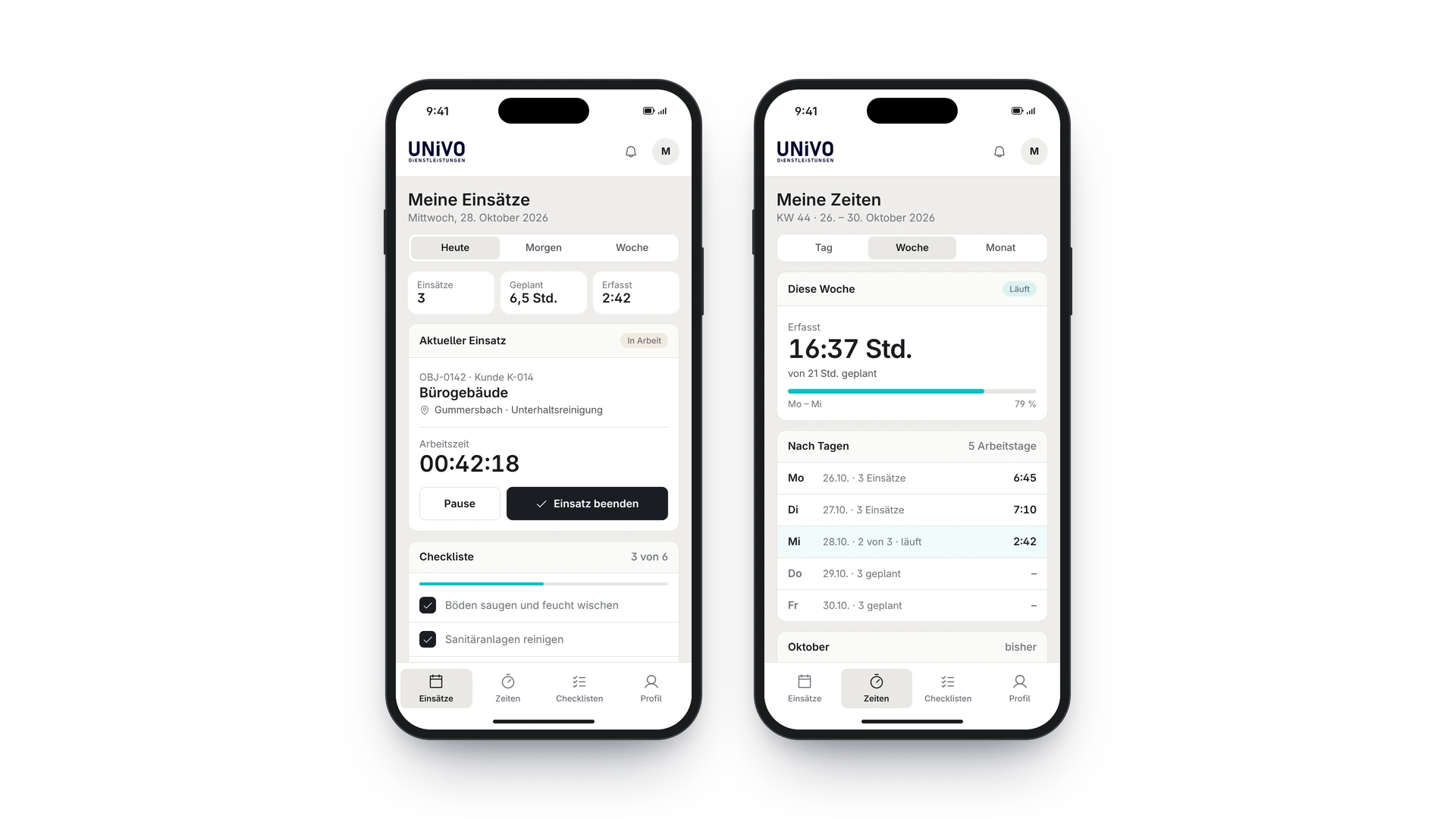 Mitarbeiter-App der UNIVO-Plattform mit Einsatz- und Zeitenansicht auf zwei Smartphones