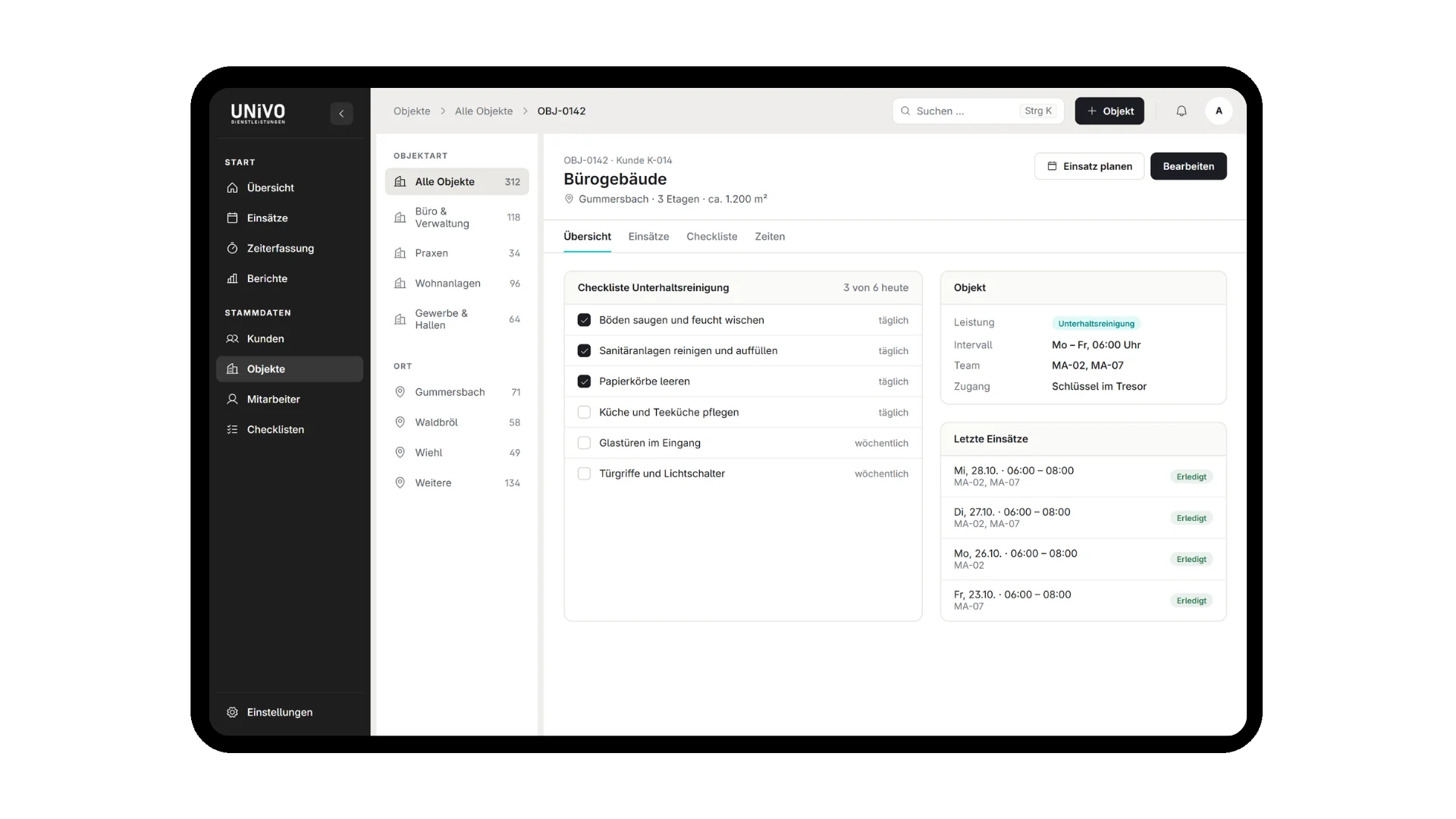 Objektansicht mit Checkliste in der UNIVO-Plattform