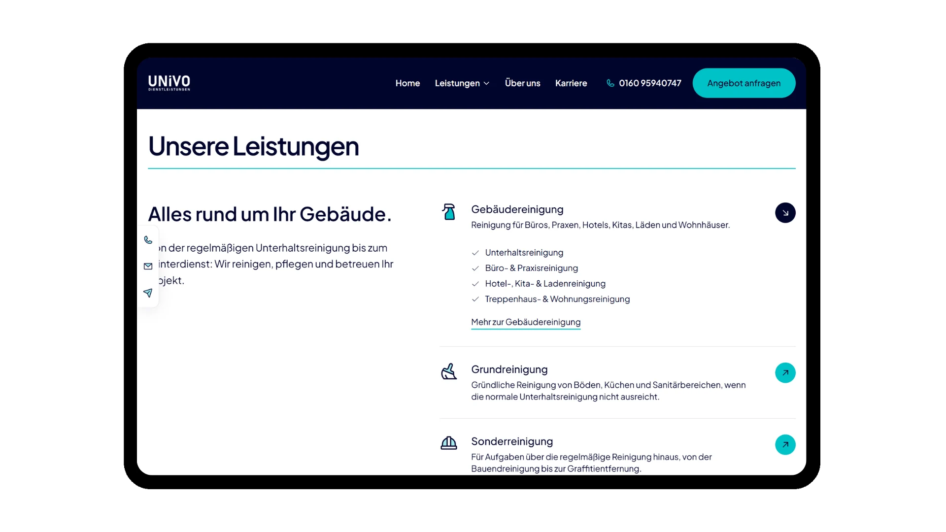 Leistungsübersicht der UNIVO-Website mit sechs Leistungen