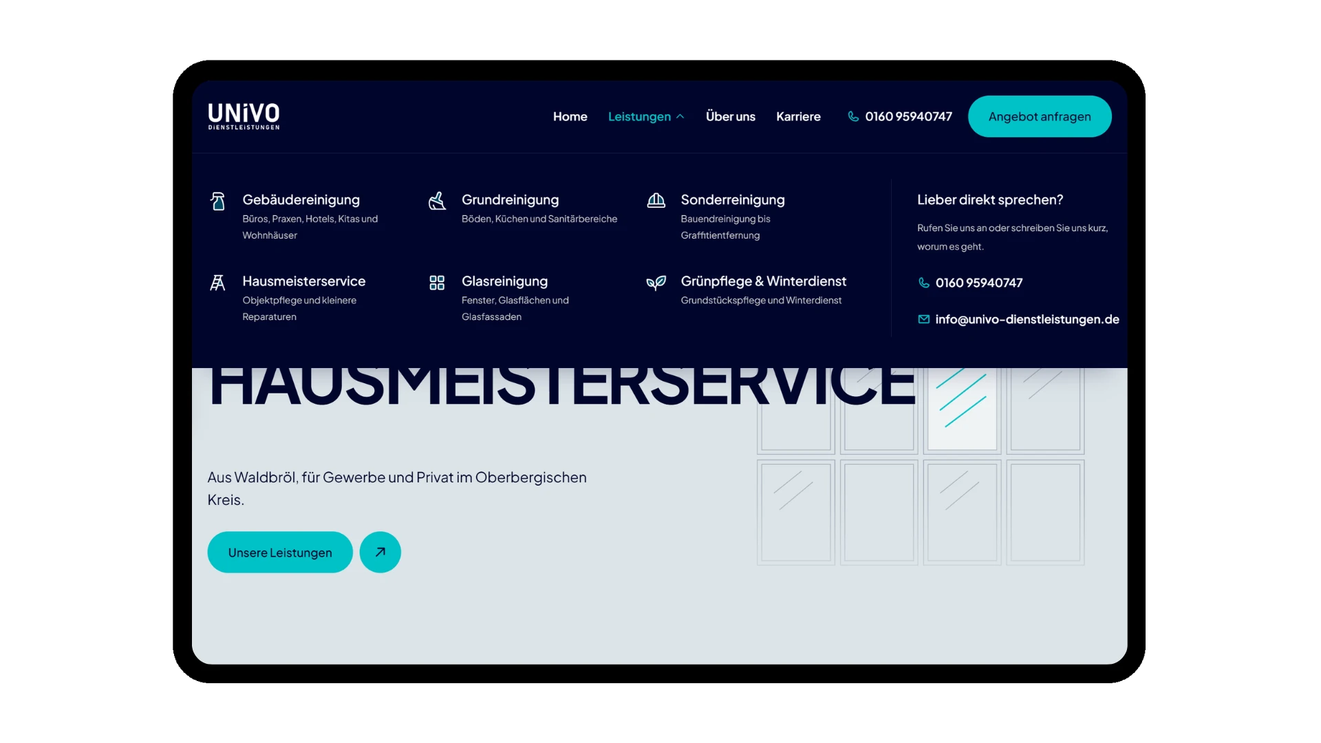 Navigation der UNIVO-Website mit allen Leistungen
