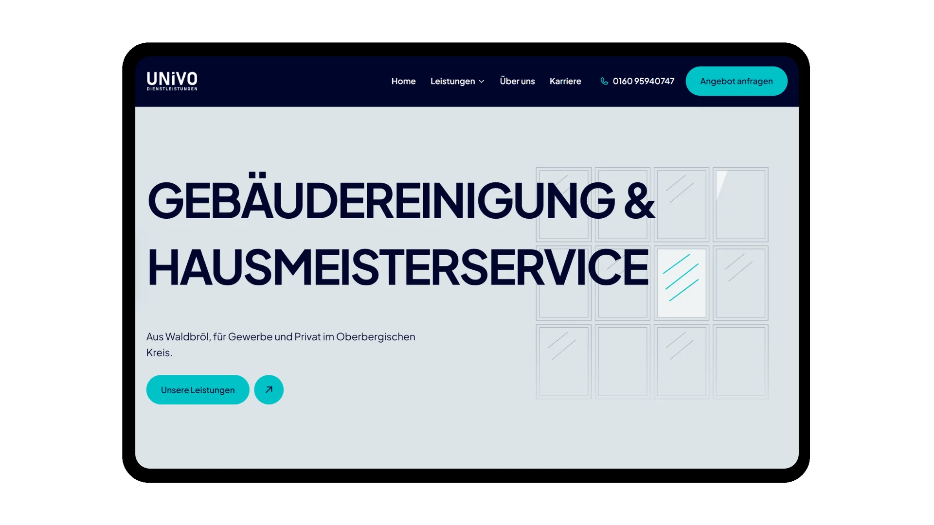Startseite der UNIVO-Website mit Hero und Fensterzeichnung